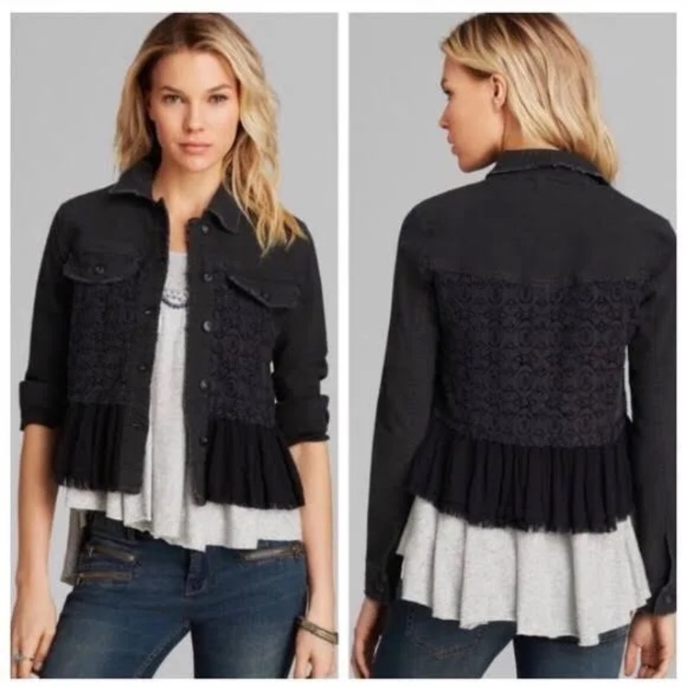 🍒 Free People Stylish Black  denim Lace Women's Jacket